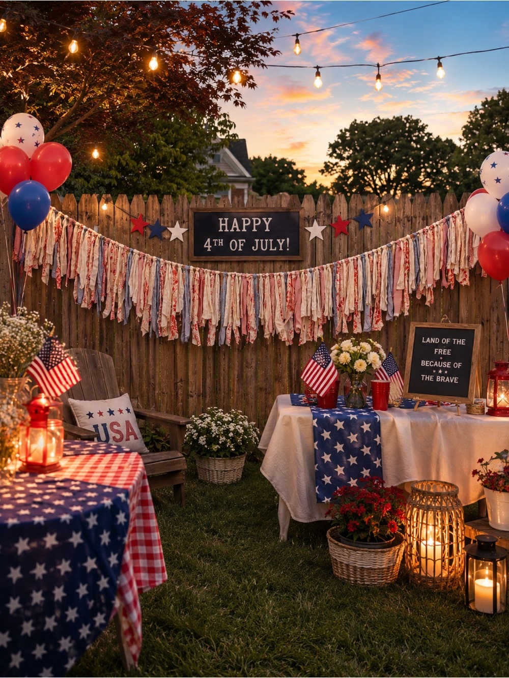 Patriotic Red, Coral, White & Blue 4th of July Fabric Garland Streamer Decor